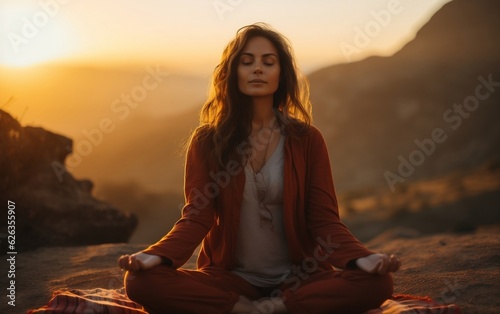 Serene Woman Meditating at the mountain. AI