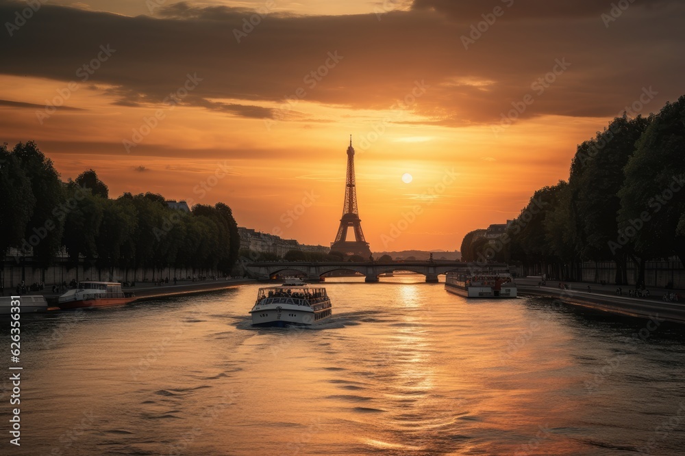 A beleza parisiense: Abraço ao pôr do sol na Torre Eiffel, generative IA