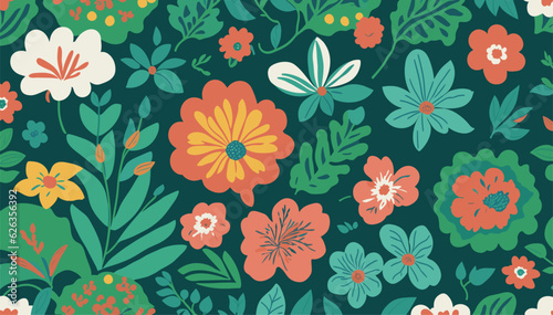 Colorful Floral Illustration  Green Shades Cartoon Pattern
