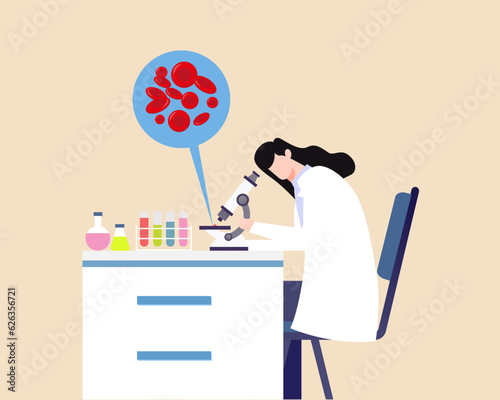 Doctor examines biochemical test analyses of blood cells under a microscope medical checkup and healthcare concept.