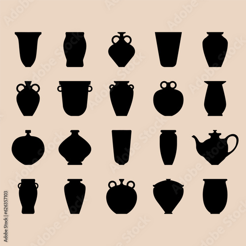 Black set ceramic pot. Vector pottery icons. Silhouette collection icons with bowl. Collection includes vases, bowls, and bottles made of porcelain and glass, of ancient charm and vintage aesthetic