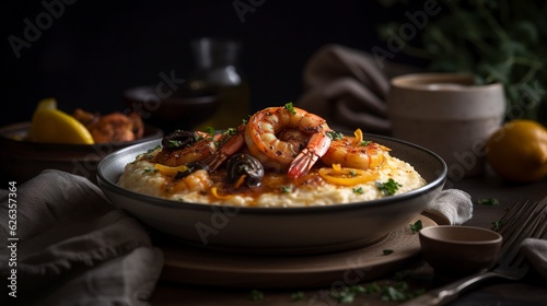 A photo with presentation of delicious Cajun Shrimp and Grits, food photography