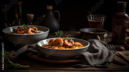 A photo with presentation of delicious Cajun Shrimp and Grits, food photography
