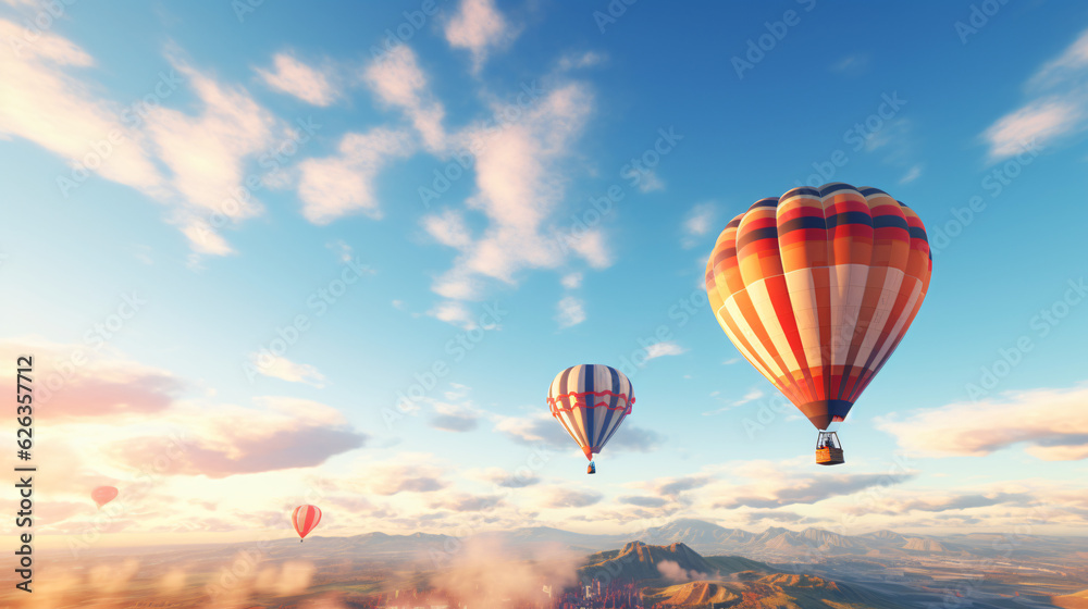 Fototapeta premium Hot-Air Balloons flying on a sunny summer day with beautiful sky.Generative AI