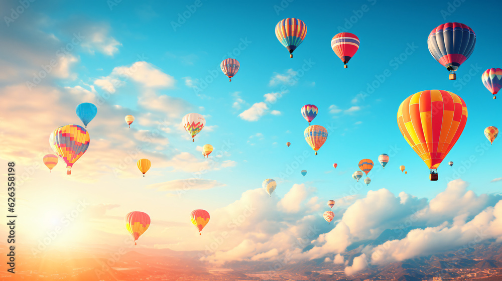 Fototapeta premium Hot-Air Balloons flying on a sunny summer day with beautiful sky.Generative AI