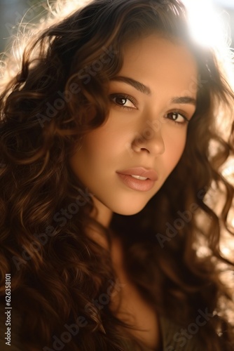 Sunlit Portrait: Latina Beauty's Dark Curls Glisten Gracefully - Generative ai © Nld