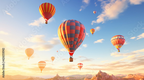 Hot-Air Balloons flying on a sunny summer day with beautiful sky.Generative AI