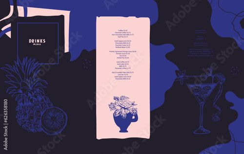 Drinks menu. Cocktail. Wine. Tea. For restaurant or bar in the center of a modern city, on the coast of the sea or ocean. The atmosphere of luxury, romance, a rich dinner. 