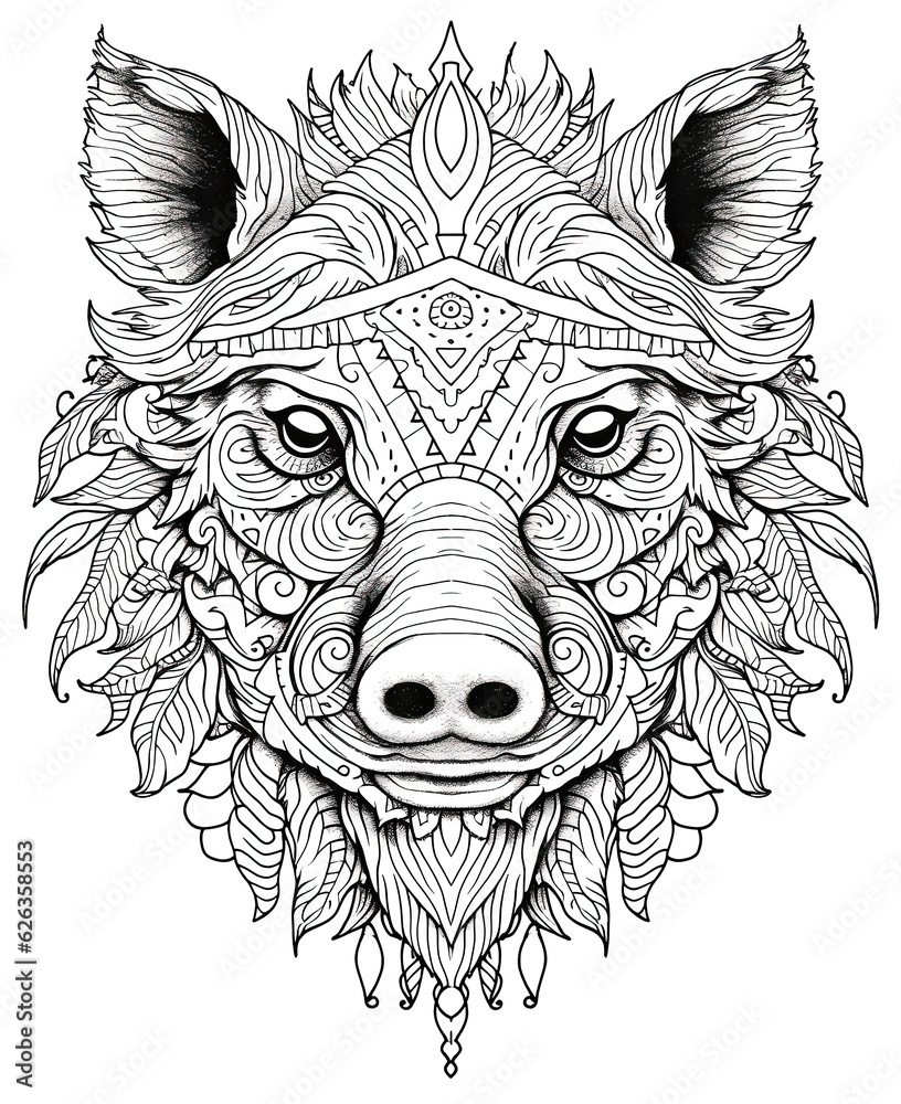 Fototapeta premium Mandala, black and white illustration for coloring animals pig, boar.
