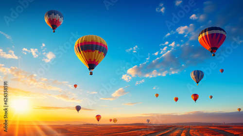 Hot-Air Balloons flying on a sunny summer day with beautiful sky.Generative AI