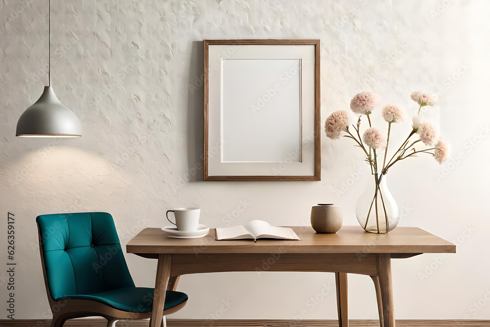 Empty wooden picture frame mockup hanging on beige wall background. Boho shaped vase, dry flowers on table. Cup of coffee, old books. Working space, home office. Art, table and chairs in a room Empty wooden picture frame mockup hanging on beige wall background. Boho shaped vase, dry flowers on table. Cup of coffee, old books. Working space, home office. Art, table and chairs in a room