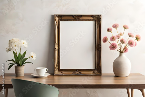 Empty wooden picture frame mockup hanging on beige wall background. Boho shaped vase, dry flowers on table. Cup of coffee. Working space, home office. Art, poster display. Modern interior. Blank frame