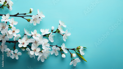 Blossoming cherry blossoms on pastel blue surface. Generative Ai