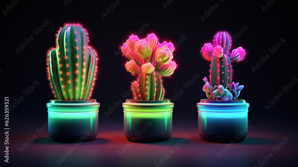 Beautiful neon cactus in bedroom. Generative Ai