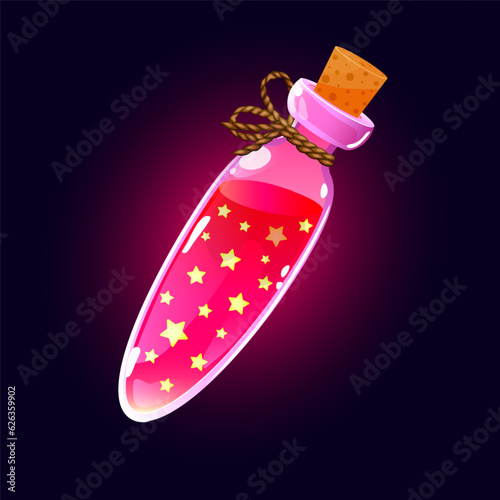 Magic potion with stars in a bottle. Magic elixir game icon. Design element, vector illustration.