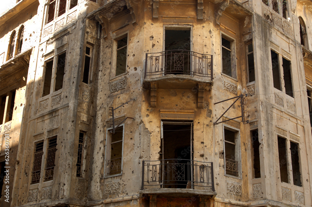 War damaged buildings in Downtown West Beirut, Lebanon. Architecture and conflict in the Middle East 