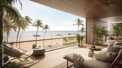 beautiful resort interior and patio terrace design living area open space balcony design with nature ocean beach and palm tree background,ai generate © VERTEX SPACE