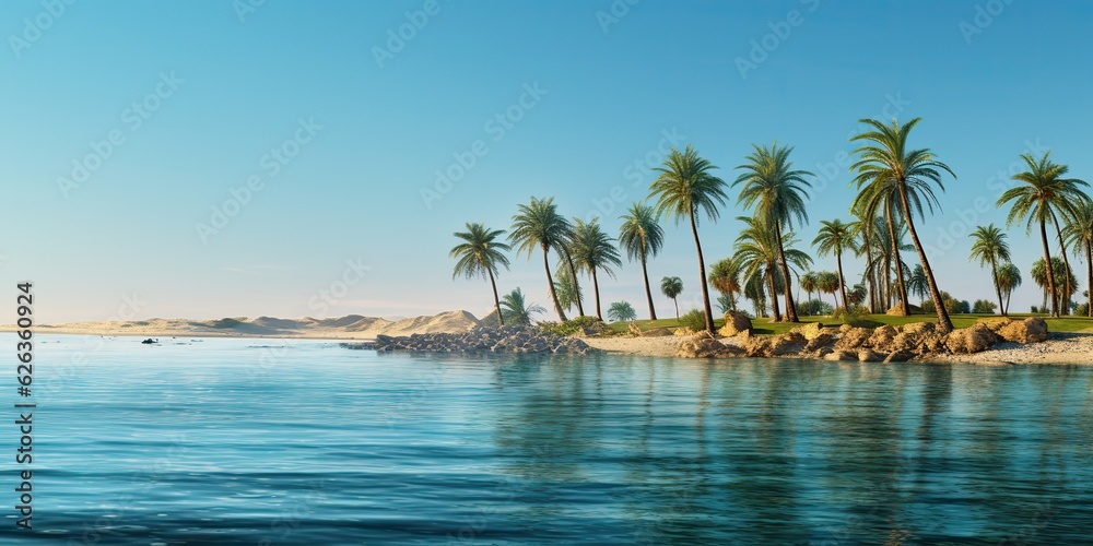 AI Generated. AI Generative. Adventure vacation landscape view of paradise island sand coast with palms on sunset. Vacation relaxing background vibe beautiful day