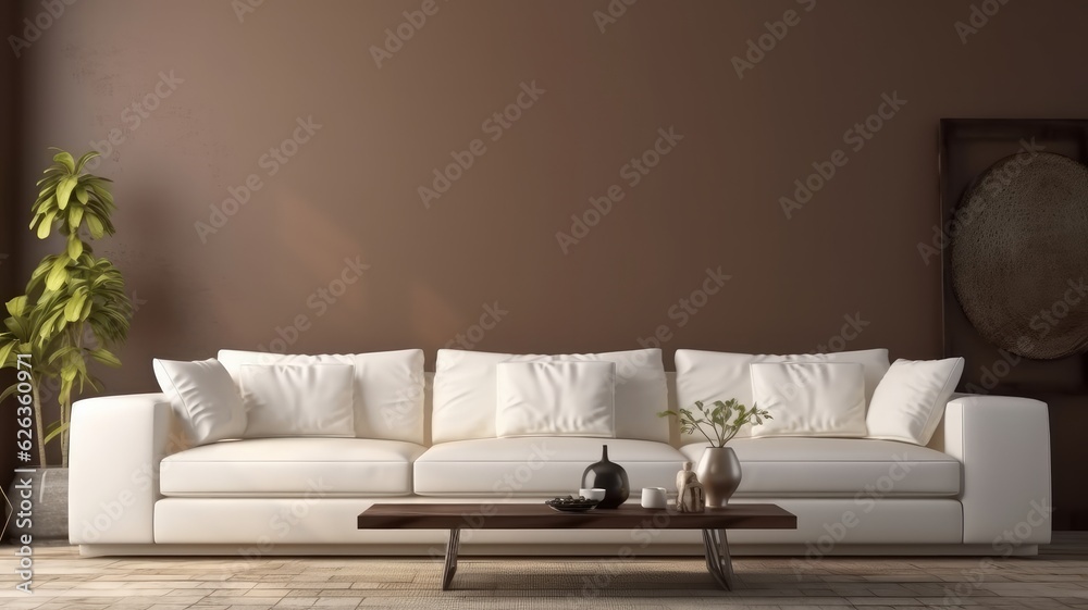 Fototapeta premium front view mock up room sofa with wall backdrop template interior room design background clean clear home space interior daylight,ai generate