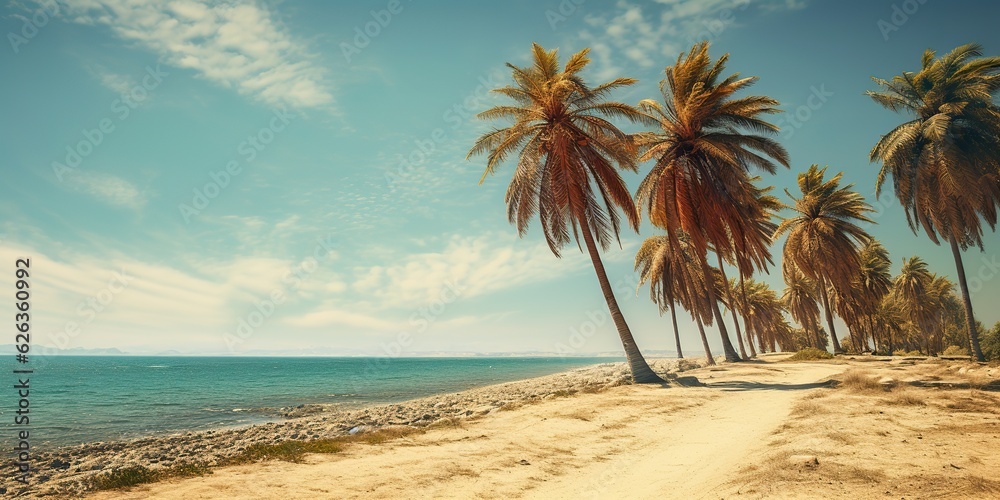 AI Generated. AI Generative. Adventure vacation landscape view of paradise island sand coast with palms on sunset. Vacation relaxing background vibe. Graphic Art