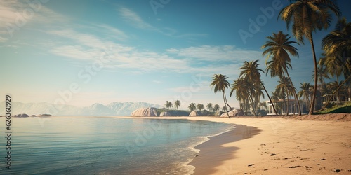 AI Generated. AI Generative. Adventure vacation landscape view of paradise island sand coast with palms on sunset. Vacation relaxing background vibe beautiful day