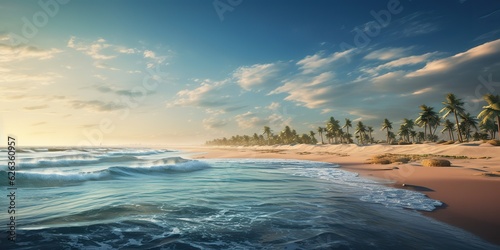 AI Generated. AI Generative. Adventure vacation landscape view of paradise island sand coast with palms on sunset. Vacation relaxing background vibe. Graphic Art