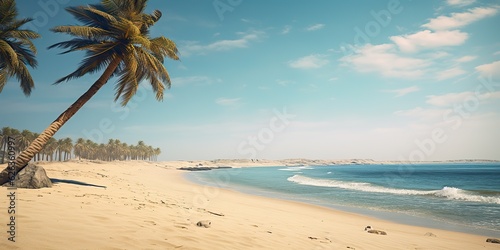 AI Generated. AI Generative. Adventure vacation landscape view of paradise island sand coast with palms on sunset. Vacation relaxing background vibe beautiful day