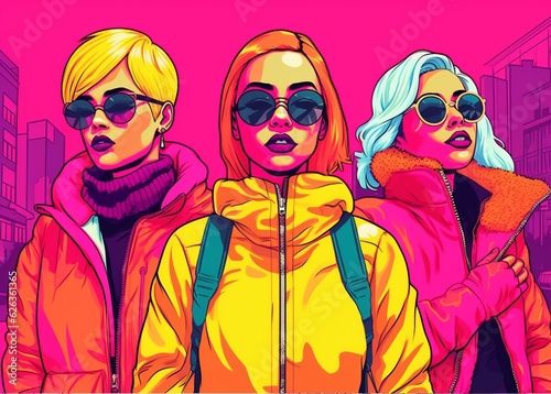 Neon Street-Savvy Women: A Bold, Charming Drawing in Pink and Amber Hues with Fashwave and Global Vibes