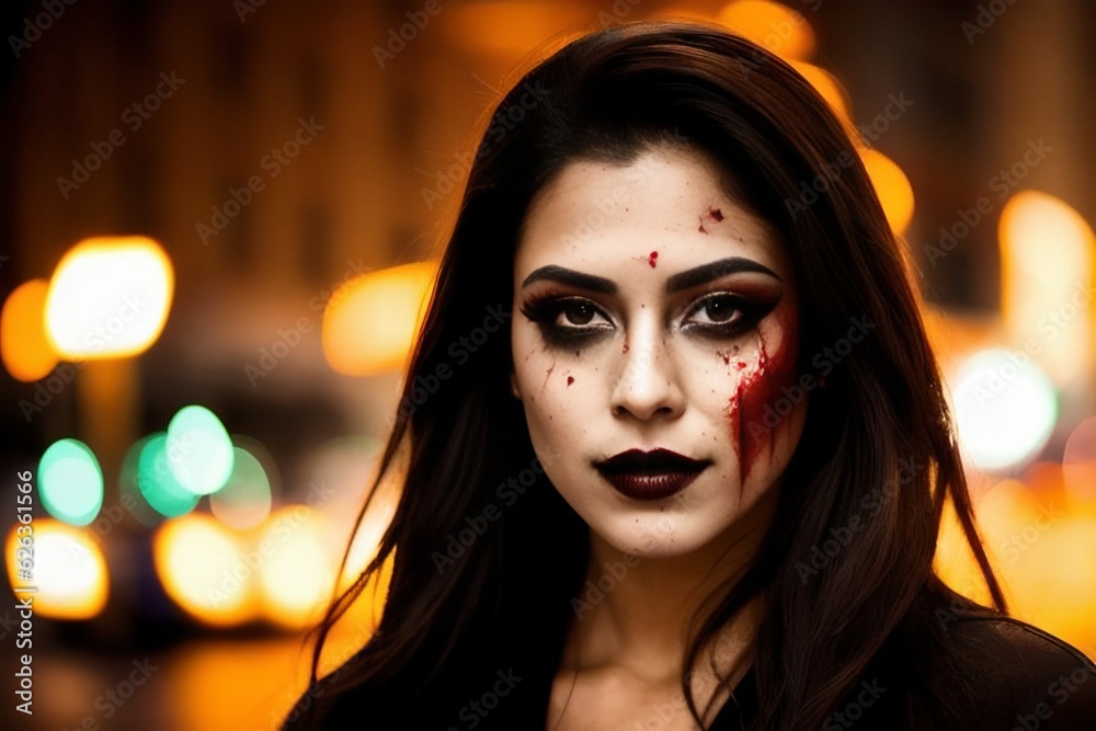 halloween Bloody Merry with blood splatter and bruises on her face, night street