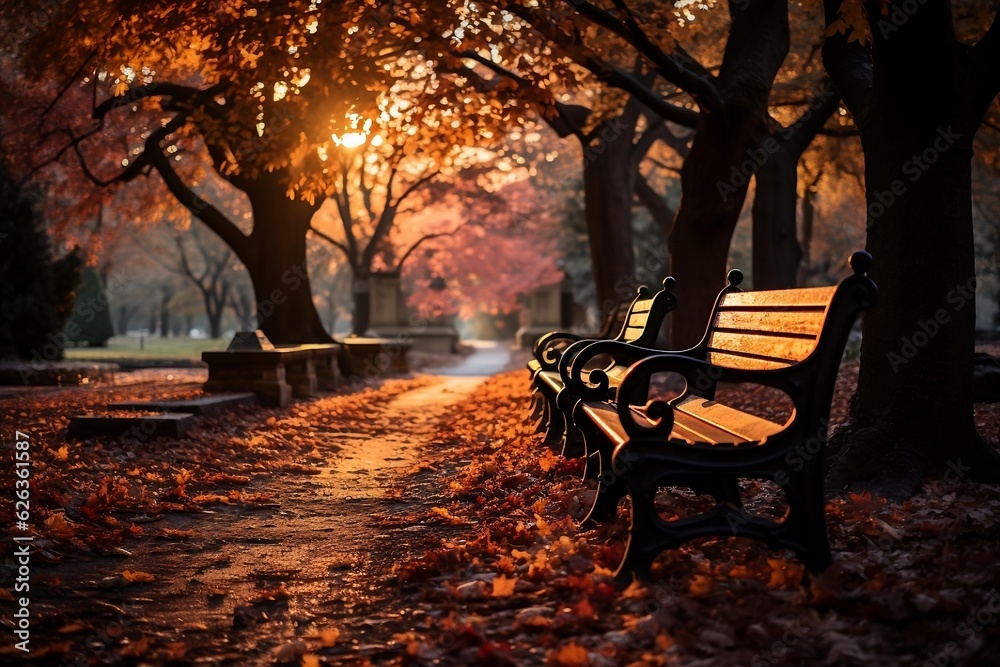 bench in autumn park, autumn in the city, space for copy, banner - generative ai