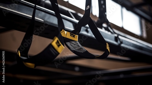 A close - up shot of a TRX suspension trainer hanging from a beam.