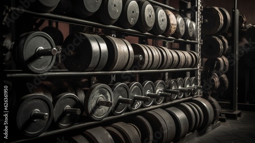 A collection of barbells and weight plates in a well - organized rack.
