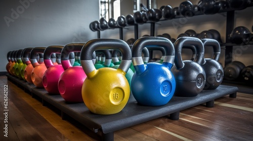 A set of colorful kettlebells lined up on a weight rack.