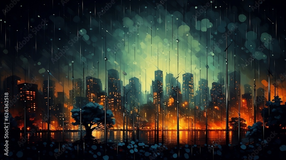 Fototapeta premium Abstract autumn rain background in the night city, drops falling october night, generative AI