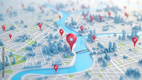 3d city map with pointers location, gps, transport concept, generative AI