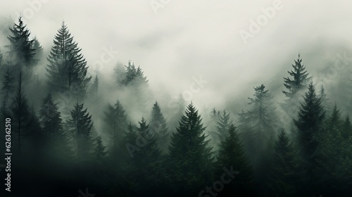 Forest is covered in mist, in the style of dark green and dark gray, muted palette, minimalist black and white, minimalist landscapes, generative AI