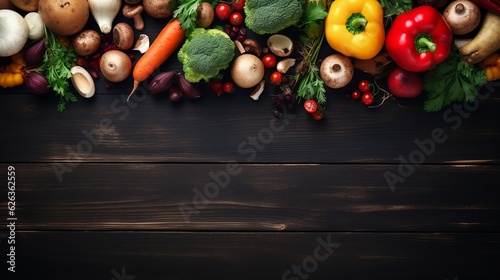 Autumn seasonal cooking ingredients with harvest vegetables, greens, Potatoes and mushrooms on dark rustic wooden background, top view, place for text, generative AI