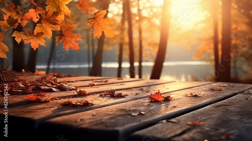 Autumn Table with Orange Leaves And Wooden Plank At Sunset In Forest  generative AI
