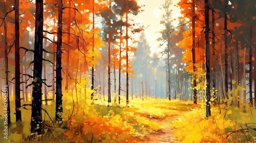 Beautiful autumn forest with sunlight shining through pine trees  in the style of light orange and light green rough watercolor painting  generative AI
