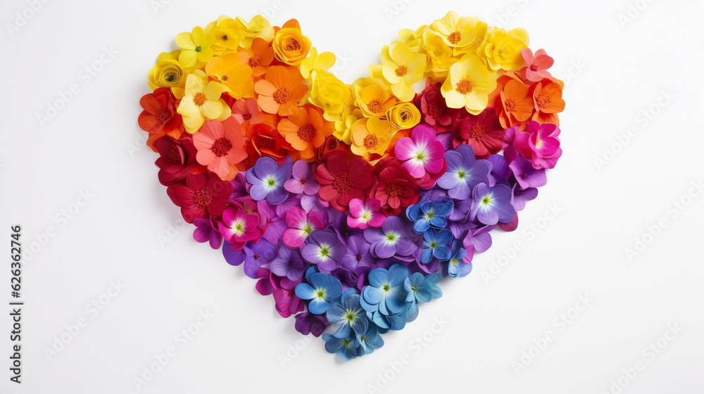 Rainbow color heart made of flowers isolated on white background. Love for LGBTQ, gay, lesbian, pride and bisexsual, generative AI