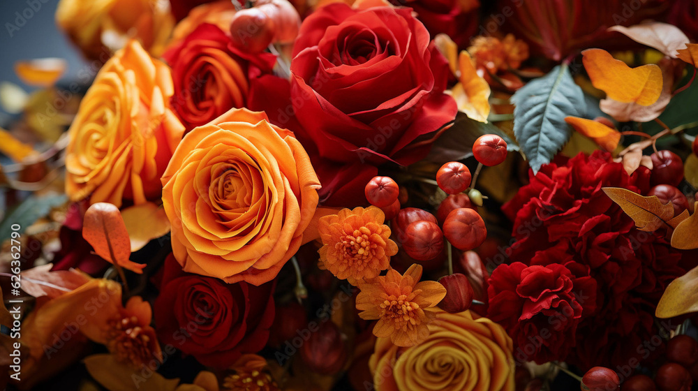 Red orange yellow autumn bouquet with rose flowers, fall leaves close up, generative AI