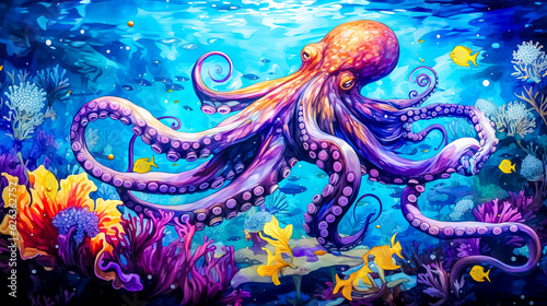 Octopus in the deep ocean near the reef, made with Generative AI © edojob