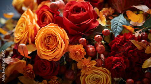 Red orange yellow autumn bouquet with rose flowers  fall leaves close up  generative AI