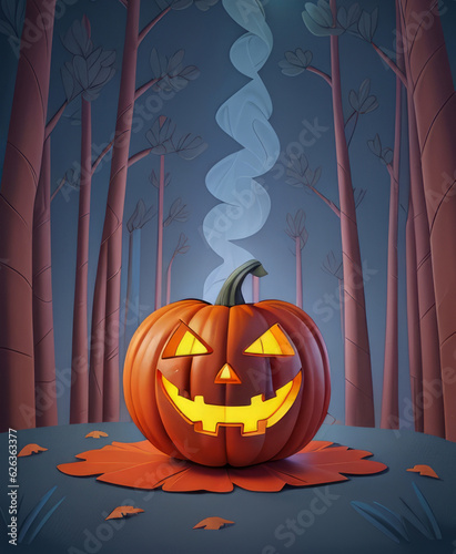 Toon Carved Pumpkins in Forest at Night Halloween Holiday  