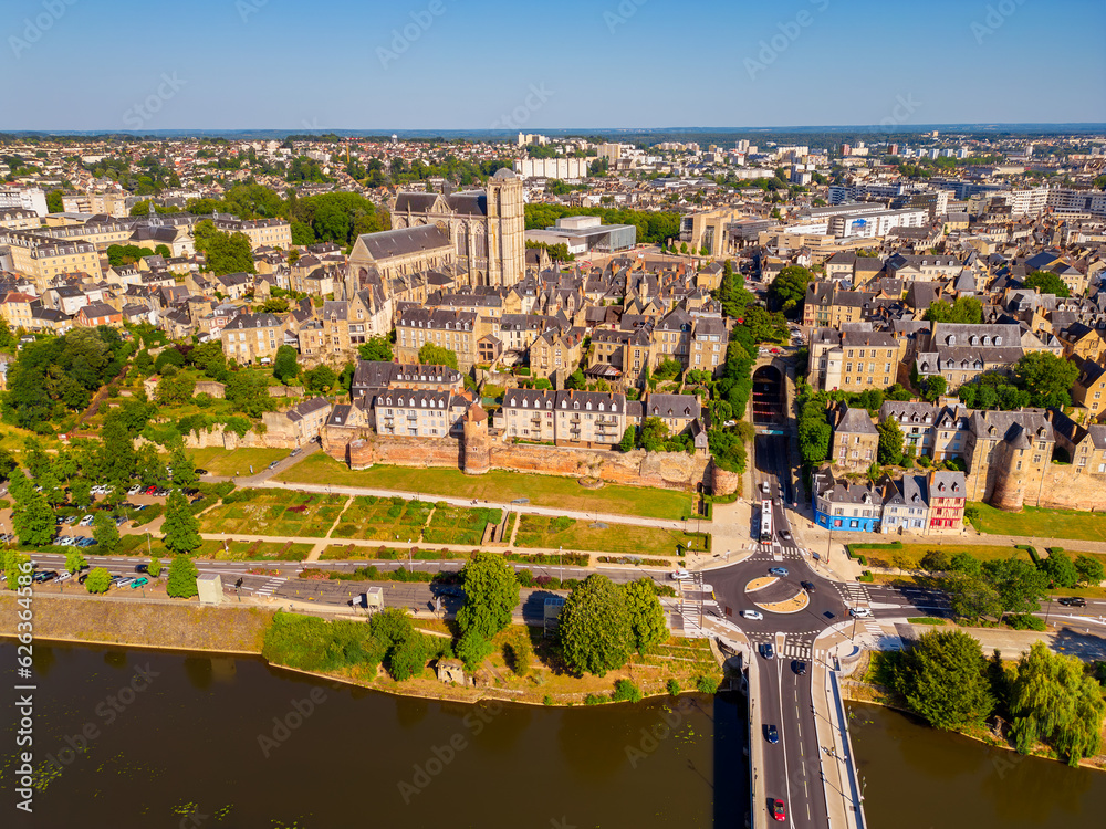 High angle Drone Point of View on the City of Le Mans, Pays de la Loire, Northwestern France on summer day. Le Mans is best known for the annual 24-hour automobile race in June.