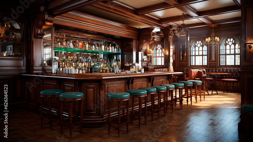 
A bar designed in Chicago style, featuring a main counter with a distinct Chicago ambiance. The interior embodies a traditional bar or pub setting, adorned with wooden paneling, a countertop, and mir photo