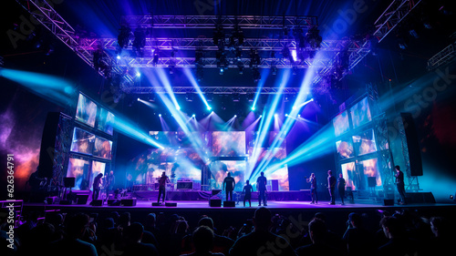  A theatrical production performed on a live stage in a venue. Stage rigging equipment, lighting, and PA systems are utilized for the show. © Yuriy Maslov