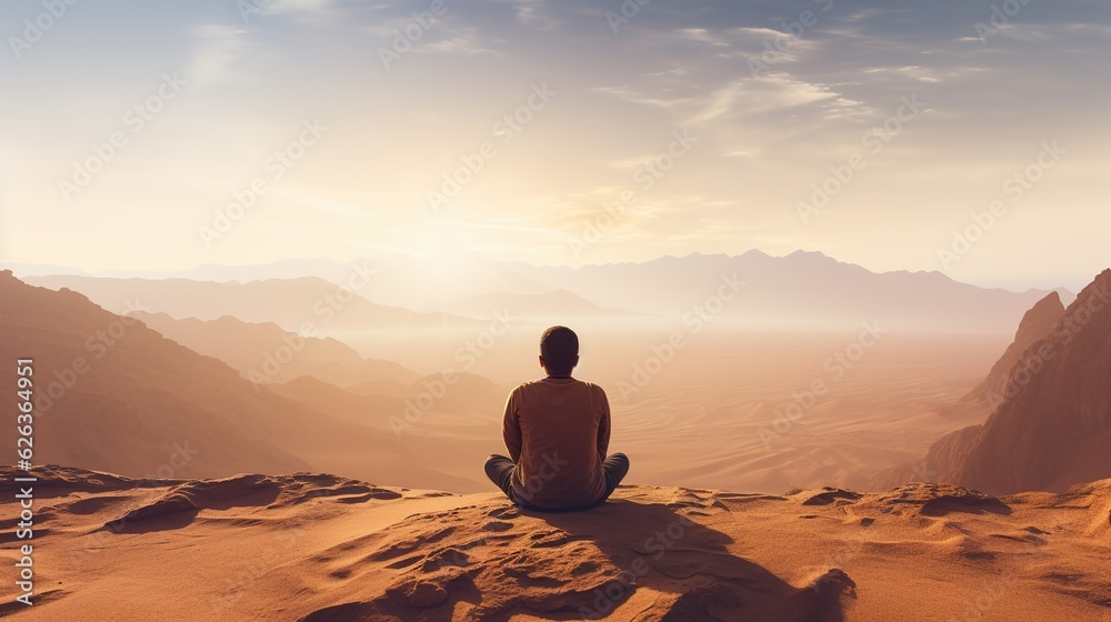 Back view of a man sitting in yoga pose in the sunrise with a mountain range in front of him. Serene warrior find spirituality and wellbeing. Mental health concept. Generative AI illustration.