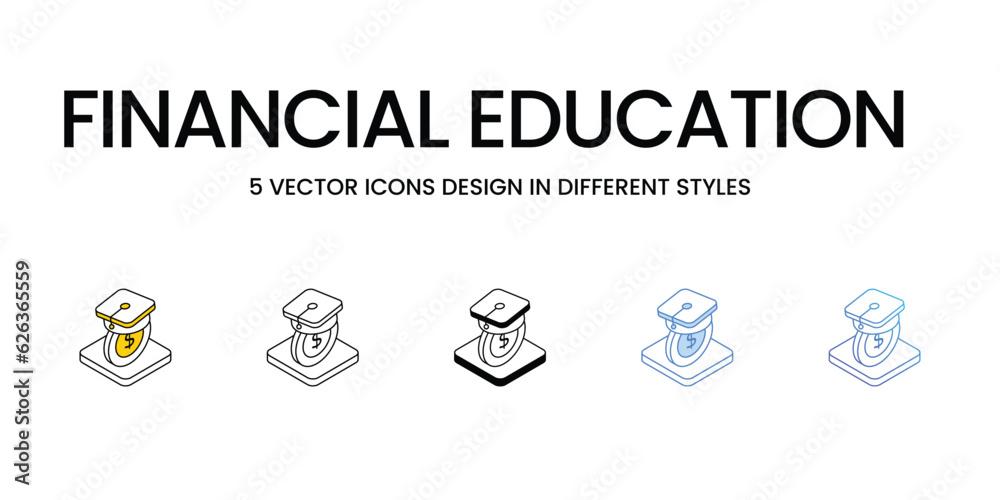 Financial Education Icon Design in Five style with Editable Stroke. Line, Solid, Flat Line, Duo Tone Color, and Color Gradient Line. Suitable for Web Page, Mobile App, UI, UX and GUI design.
