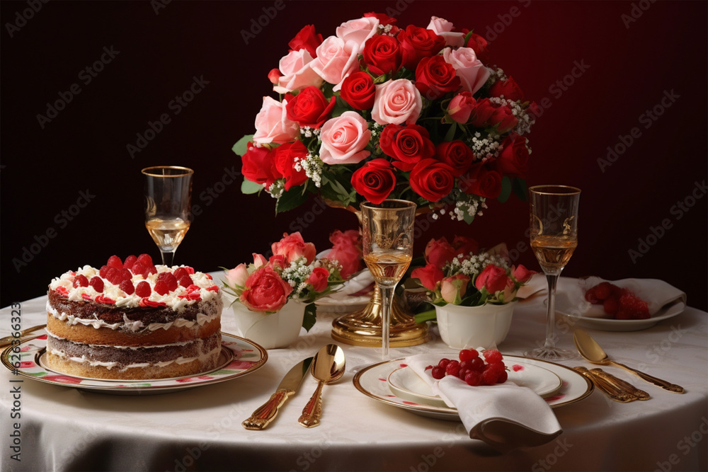 Strawberry topped cake on table decorated with flowers